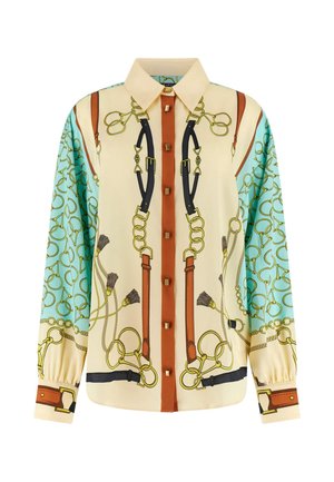 Blusa di seta a maniche lunghe con pannelli color crema, turchese e arancione con motivi a catena d'oro, cintura e nappine.