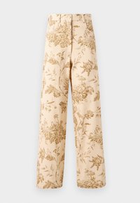 Pantaloni cu imprimeu floral în bej, cu modele aurii intricate, talie înaltă, design cu picioare largi, confecționați dintr-o țesătură de bumbac ușoară.