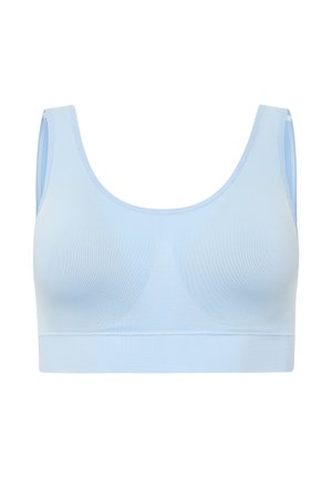 Lichtblauwe naadloze sportbeha met brede schouderbanden en een ronde halslijn, ontworpen voor comfort en ondersteuning.