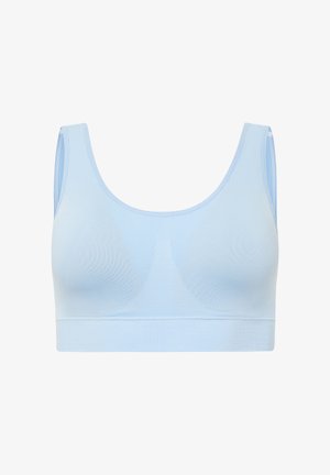 Lichtblauwe naadloze sportbeha met brede schouderbanden en een ronde halslijn, ontworpen voor comfort en ondersteuning.