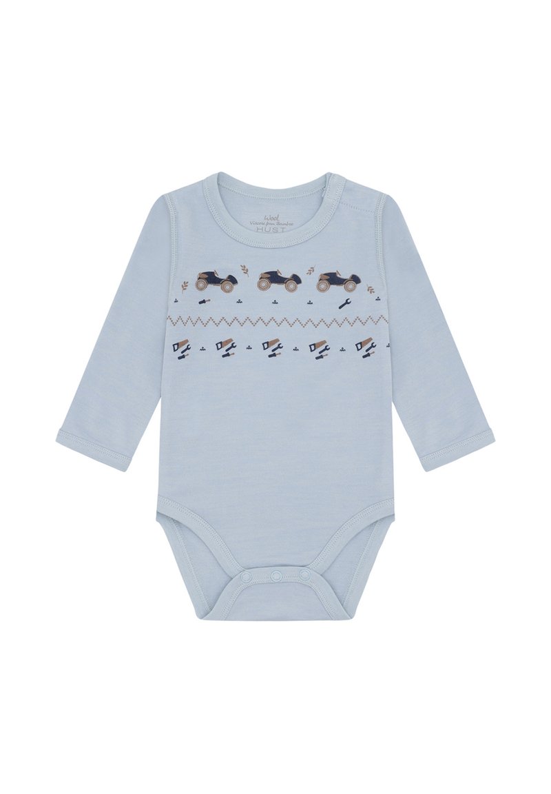 Bodysuit per neonati a maniche lunghe di colore azzurro chiaro con auto d'epoca ricamate e piccoli motivi di attrezzi sul petto.