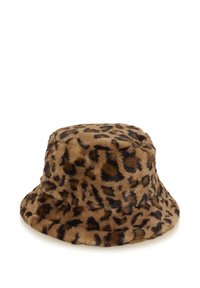 Lažni krzneni šešir u svijetlo smešnoj boji s uzorkom leopardovih šara u crnoj i tamnosmeđoj boji. Mekana tekstura i široki, lepršavi rub.