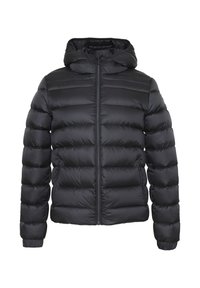 Giacca a vento nera con cappuccio, design trapuntato, chiusura frontale con zip e due tasche laterali. Presenta polsini elasticizzati e una texture liscia e lucida.