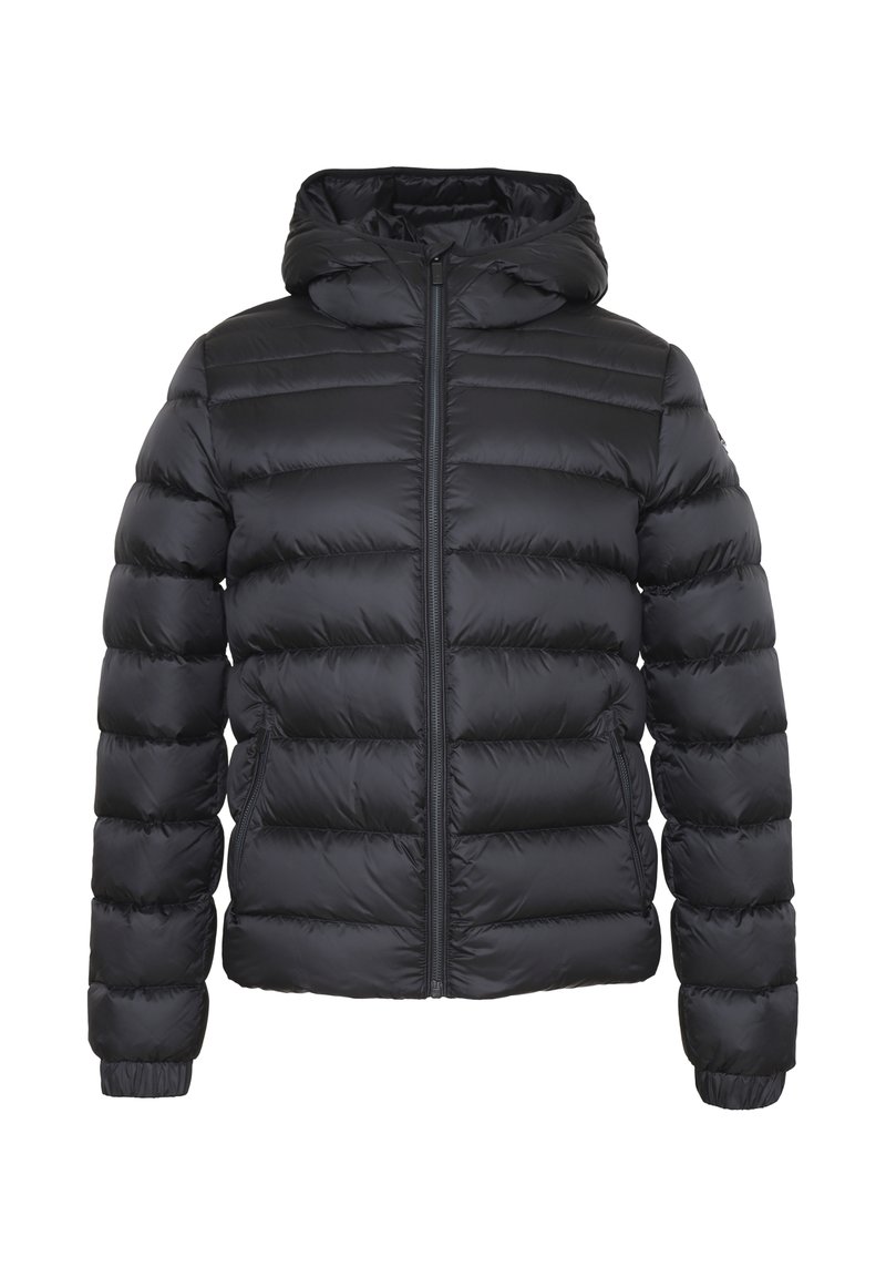 Giacca a vento nera con cappuccio, design trapuntato, chiusura frontale con zip e due tasche laterali. Presenta polsini elasticizzati e una texture liscia e lucida.