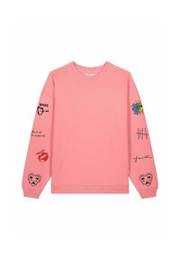 Ružičasti dukserica s dugim rukavima, rebrastim manžetama i raznim grafičkim motivima, uključujući srca, sunce i tekst u kontrastnim bojama.