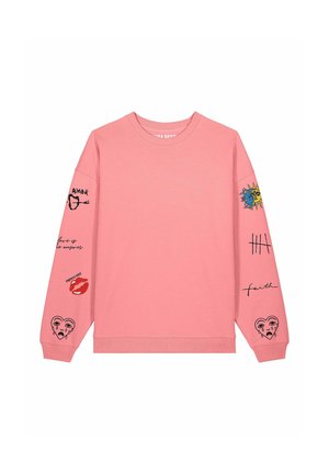 Sudadera rosa con mangas largas, puños acanalados y varios gráficos, incluyendo corazones, un sol y texto, en colores contrastantes.