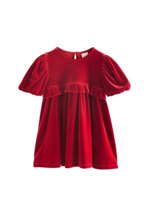 Rotes Samtkleid mit Puffärmeln und rüschiertem Oberteil. Es hat einen runden Halsausschnitt und eine kleine Schlüsselrückenöffnung. Weicher Stoff.