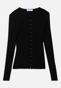 Cardigan preto canelado, com mangas longas e uma fileira de pequenos botões pretos na frente, rotulada "Stylein" na gola.