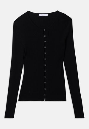 Black ribbed knit cardigan with long sleeves and a row of small black buttons down the front, labeled "Stylein" at the neckline.