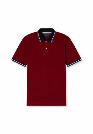 Bordeauxfarbener Poloshirt mit navyfarbenem Kragen, weißen und blauen Streifen, mit zwei Knöpfen und kurzen Ärmeln. Aus weichem Baumwollmaterial.
