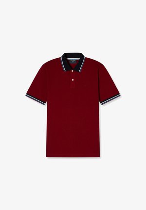 Polo bordeaux con colletto blu navy, caratterizzato da righe bianche e blu, patta a due bottoni e maniche corte. Realizzato in morbido cotone.
