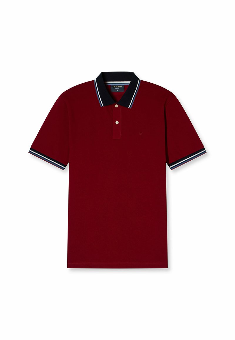 Polo bordeaux con colletto blu navy, caratterizzato da righe bianche e blu, patta a due bottoni e maniche corte. Realizzato in morbido cotone.