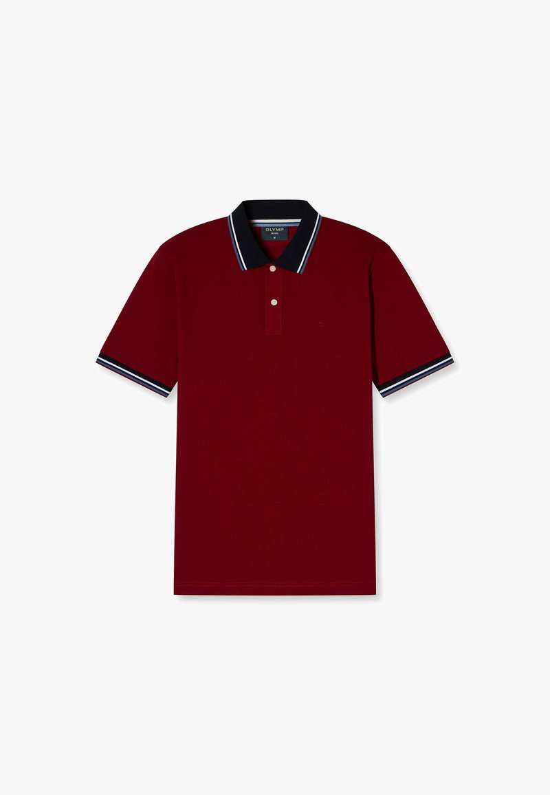 Bordeauxfarbener Poloshirt mit navyfarbenem Kragen, weißen und blauen Streifen, mit zwei Knöpfen und kurzen Ärmeln. Aus weichem Baumwollmaterial.