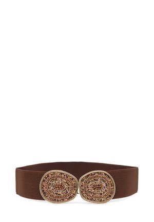 Cintura elastica marrone con due accenti circolari in perline dai toni terreni e dettagli metallici. Tessuto testurizzato, design sagomato.