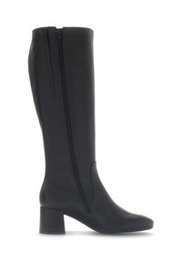 Botas negras hasta la rodilla hechas de cuero suave, con punta redonda, tacón cuadrado y detalle de cremallera lateral para facilitar el uso.