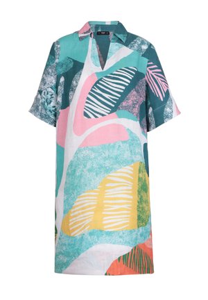 Short-sleeved linen dress with a collar, featuring abstract shapes in teal, pink, yellow, and green, with black and white striped accents.