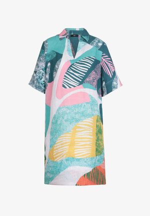 Lühikeste varrukatega linane kleit, millel on krae, esitades abstraktseid kujundeid teal, roosa, kollase ja rohelise värviga, musta ja valge triibulise aktsendiga.