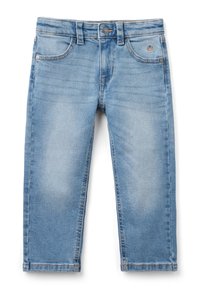 Jasnoniebieskie dżinsy o klasycznym pięciopocketowym wzorze, z lekkim wyblaknięciem i metalowym zapięciem na guzik w talii. Prosty krój nogawek.