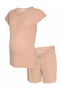 Haut de maternité à manches courtes côtelé rose doux avec patte de boutonnage et shorts assortis à taille élastique avec bords festonnés.