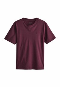 Bordowy bawełniany t-shirt z okrągłym dekoltem, krótkimi rękawami oraz małym haftowanym logo na piersi. Gładka faktura i regularny krój.