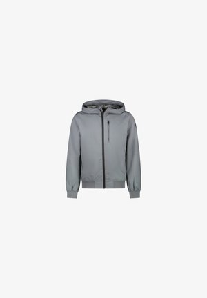 Light gray hooded jacket with front zipper, zippered chest pocket, elastic cuffs, and waistband, displayed on white background.