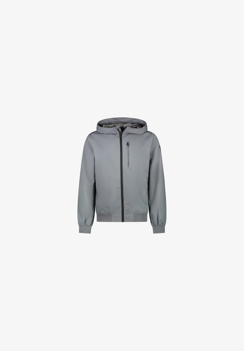 Světle šedá bunda s kapucí, předním zipem, kapsou na zip na hrudi, elastickými manžetami a pasem, vystavená na bílém pozadí.