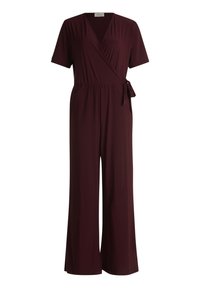 Bordeaux jumpsuit met korte mouwen, een wikkelontwerp, een verstelbare strikceintuur in de taille en wijde broekspijpen, gemaakt van zachte, rekbare stof.