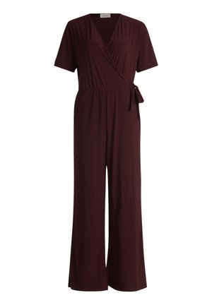 Burgunderfarbenes Jumpsuit mit kurzen Ärmeln, Wickeldesign, verstellbarem Bindegürtel in der Taille und weitem Bein aus weichem, dehnbarem Stoff.