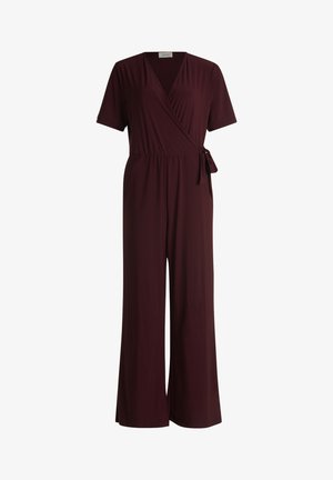 Combinaison bourgogne à manches courtes, au design enveloppant, avec une ceinture ajustable à nouer à la taille et des pantalons à jambes larges, fabriquée en tissu doux et extensible.