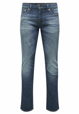 Blå denimjeans med lige ben, fem lomme design, subtile slidmærker og kobbernitter.
