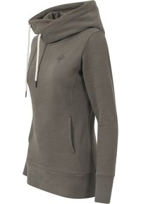Hooded sweatshirt in muted olive green, made of soft fabric, featuring a cowl neck, drawstrings, side pockets, and ribbed cuffs.