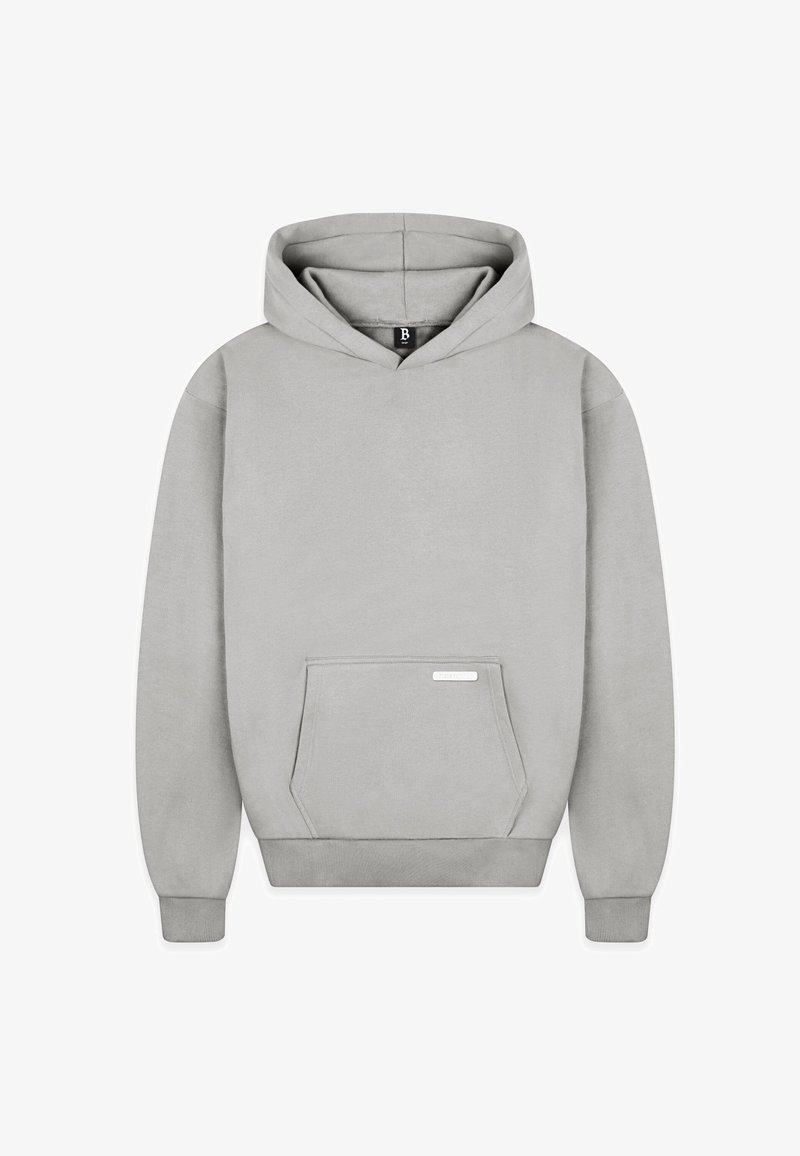 Felpa con cappuccio grigio chiaro, dotata di tasca a marsupio frontale e polsini e orlo a costine, esposta su uno sfondo bianco.