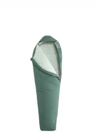 Grüner Mumien-schlafsack mit hellen Innenfutter, teilweise geöffnet, der eine kapuzenförmige Obersektion und gestepptes Nähen zeigt.