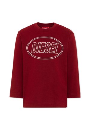 Maglietta bordeaux a maniche lunghe con scollo tondo, ovale con bordo bianco e testo grassetto "DIESEL" al centro.