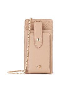 Portafoglio in pelle beige con tracolla a catena, caratterizzato da dettagli floreali goffrati, un pattino anteriore e una chiusura a scatto dorata. Accenti in oro.