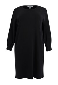 Schwarzes Kleid aus weichem Stoff mit abgerundetem Ausschnitt, langen Ärmeln und Seitentaschen. Einfacher, legerer Schnitt, knielanges Design.