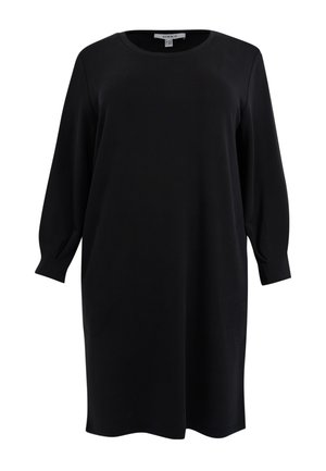 Zwarte jurk van zachte stof, met een ronde halslijn, lange mouwen en zijzakken. Eenvoudige, losse pasvorm, ontwerp tot op de knie.