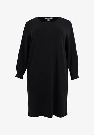 Zwarte jurk van zachte stof, met een ronde halslijn, lange mouwen en zijzakken. Eenvoudige, losse pasvorm, ontwerp tot op de knie.