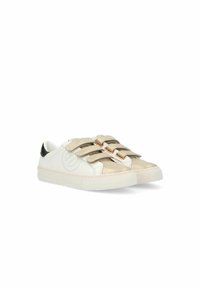 Witte leren sneakers met een gouden en metallic accent op de teen. Klittenbandsluitingen en een zwarte hieltab. Geprofileerde zool en stikseldetails.