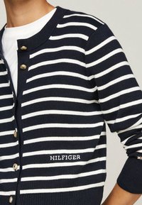 Cardigan a righe blu e bianche con bottoni dorati, colletto rotondo e "HILFIGER" ricamato sul lato sinistro in basso. Tessuto lavorato a maglia.
