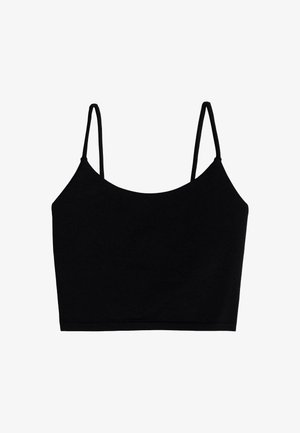 Black cropped tank top with thin adjustable straps, made of smooth fabric, featuring a rounded neckline and a simple, seamless design.