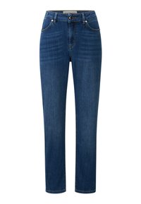 Modré džíny z denimu se střihováním do rovného nohavice, designem s pěti kapsami a kontrastním prošíváním. Disponují zapínáním na knoflík a zip v pase.