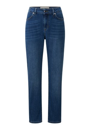 Blue denim jeans with a straight-leg cut, five-pocket design, and contrasting stitching. Features a button and zipper closure at the waist.