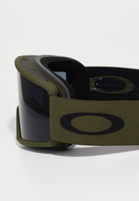 Gröna skidglasögon med ett svart elastiskt band, mörka linser och mjukt innerfoder. Har en präglad logotyp på bandet.