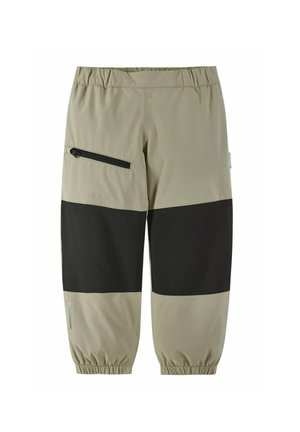 Leichte, taillierte Cargo-Hosen in Beige und Schwarz, mit elastischem Bund und seitlicher Reißverschlusstasche. Glatte Textur und lässige Passform.