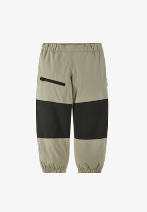 Pantaloni cargo leggeri e sagomati in beige e nero, con cintura elastica e tasca laterale con zip. Tessuto morbido e fit casual.