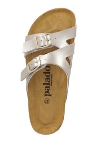 Sandali metallici argento con due cinghie regolabili, fibbie in tonalità oro e una soletta in similcamoscio color pelle che presenta il nome del brand "palado."