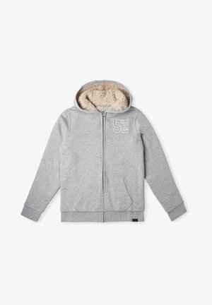 Felpa con cappuccio grigia chiara con zip frontale, presenta un rivestimento interno morbido beige. Include due tasche laterali e un dettaglio con stampa numerica.