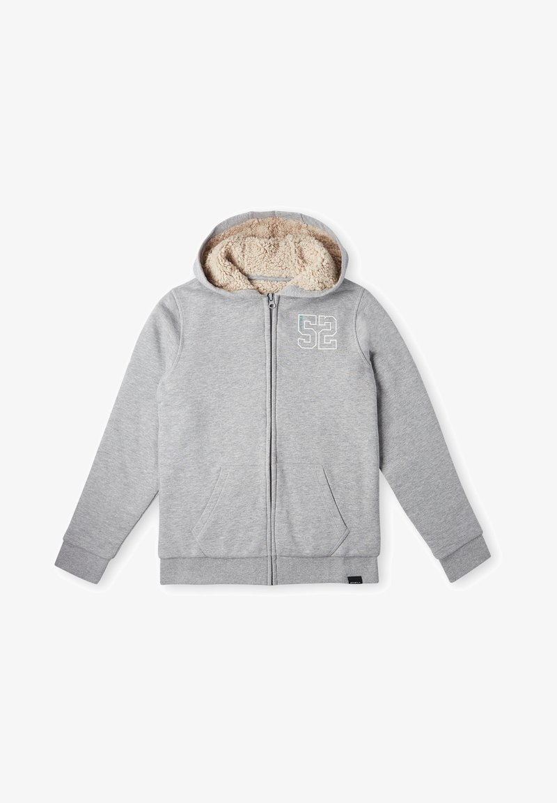 Lichtgrijze hoodie met een rits aan de voorkant, voorzien van een beige, donzige voering. Inclusief twee zakken aan de voorkant en een numerieke printdetail.