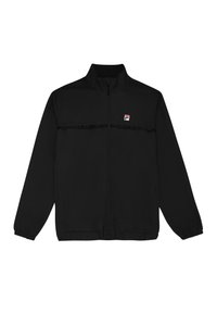 Zwarte windbreakerjas met hoge hals, volledige rits aan de voorkant, elastische mouwen en een klein logo op de bovenste linkerkant van de borst. Glad textuur.
